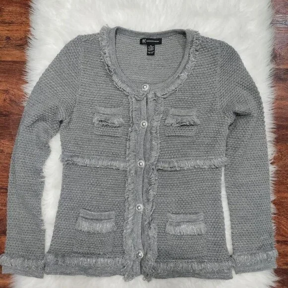 INC International Concepts Gray Silver Speckles Fringe Trim Knit Cardigan XL - Picture 5 of 12